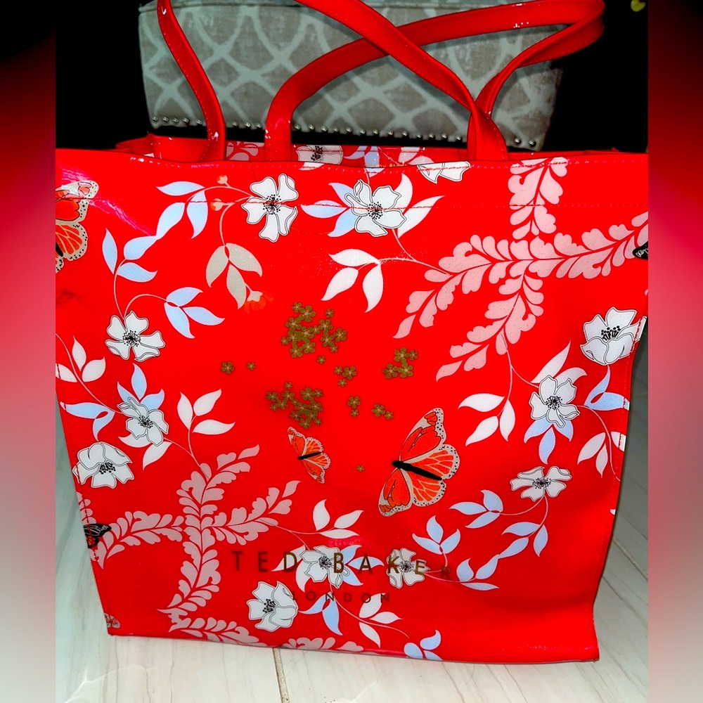 Ted Baker Red Floral Print Glossy Tote Bag